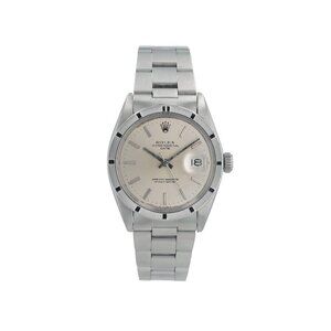 Rolex Date 1501 34mm Silver Index Engine Turned Steel & Oyster Mens Watch